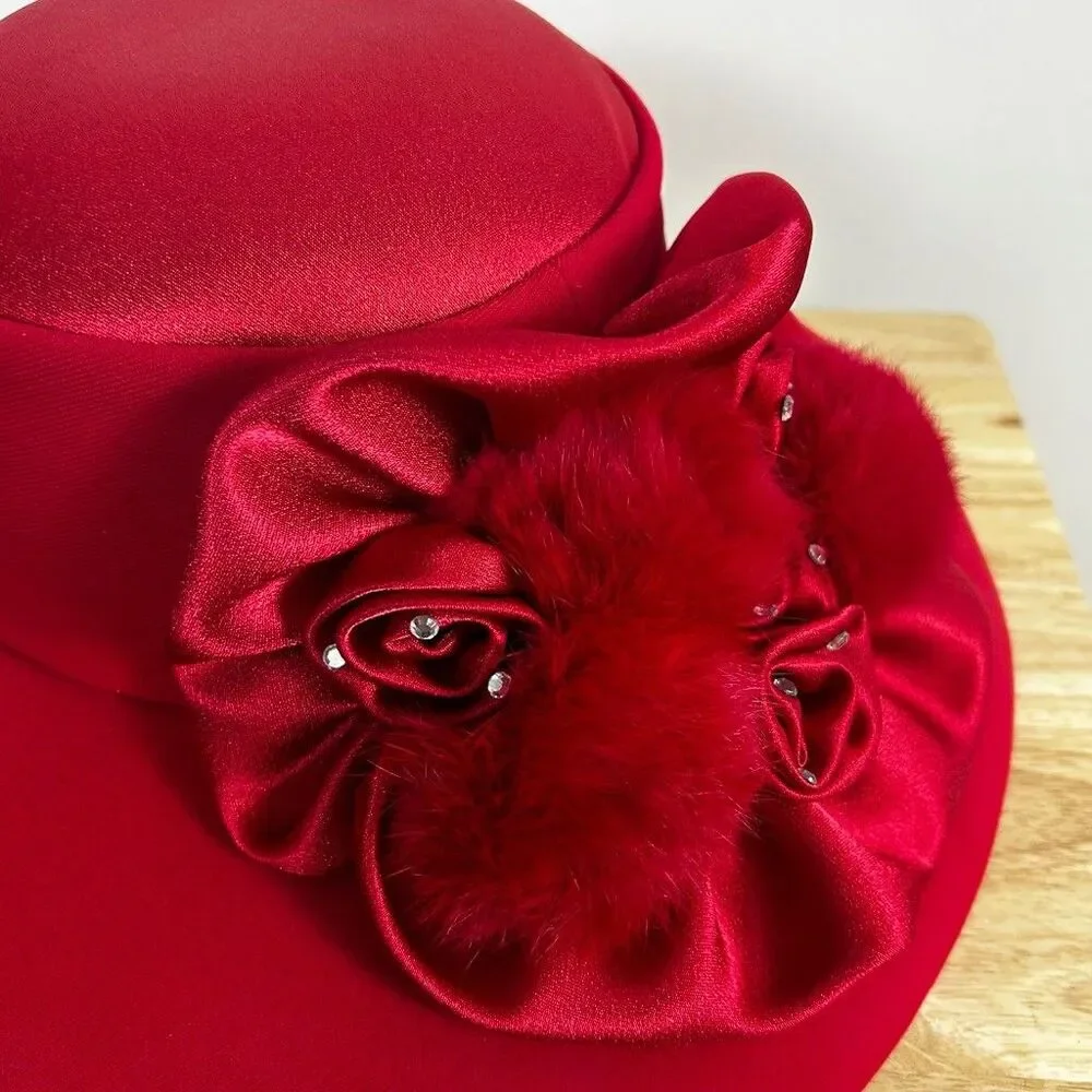 ML Studio Red Church Hat Wide Brim Wool Felt Satin Flower Fur Accent Womens